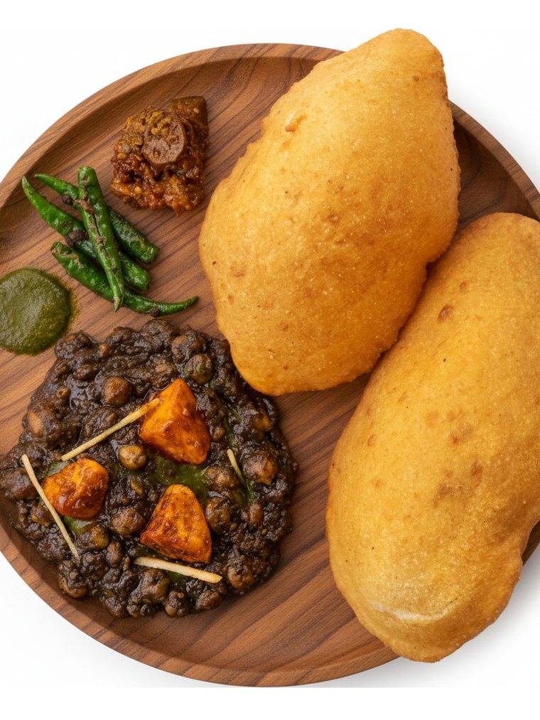 Delhi-style chhole bhature — fluffy bhature with spiced chickpeas, pickle and chutney